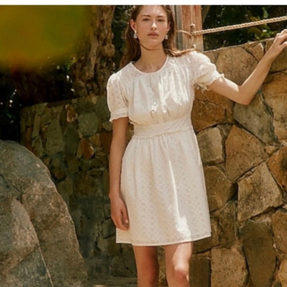 J Crew Cotton Eyelet Button Front Pockets Short Ruffle Sleeve Ivory Mini Dress 4 - Picture 2 of 10
